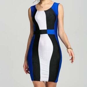 Elegant Blue and Black Colorblock Midi Dress